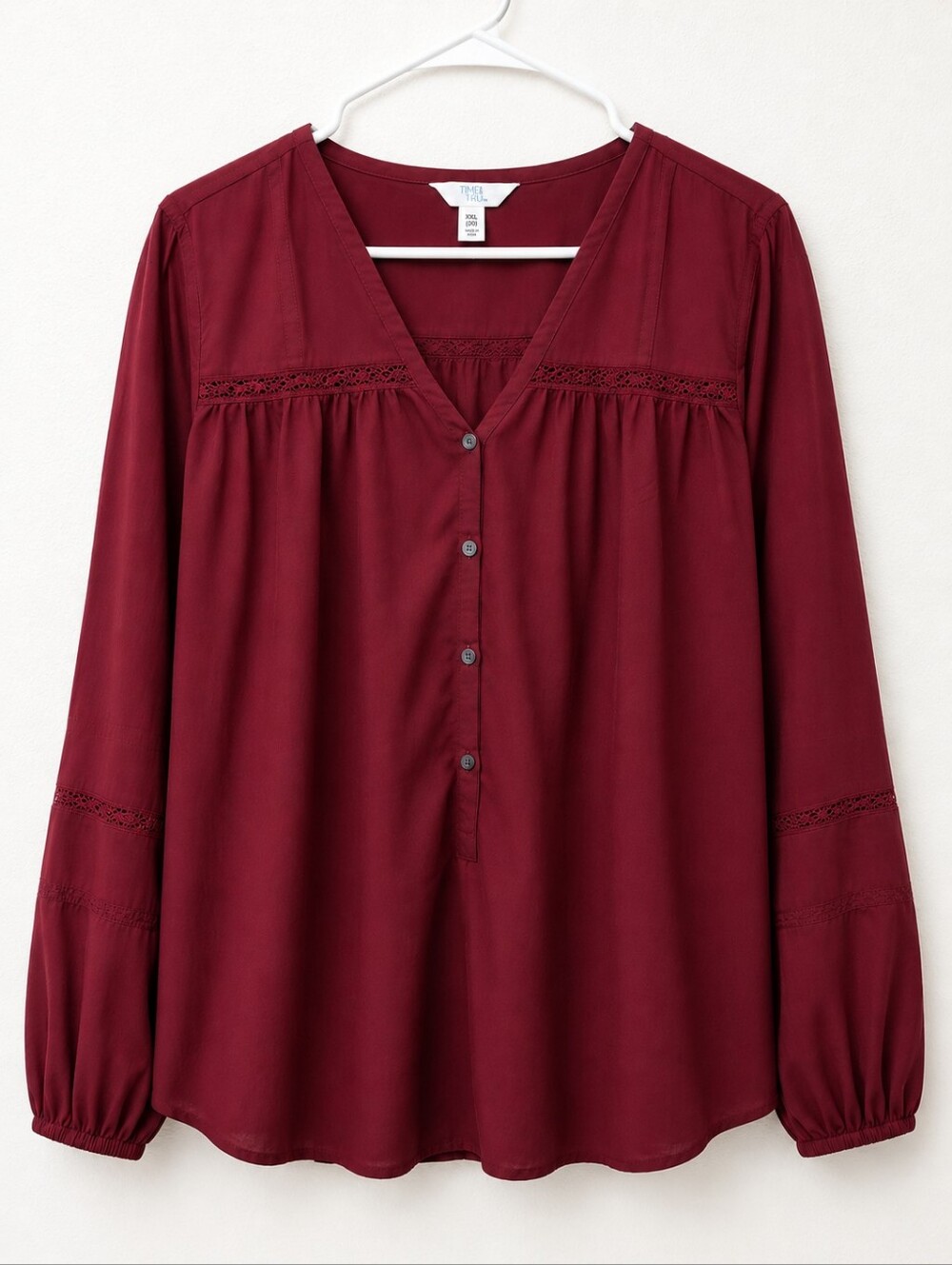 Time and Tru Long Sleeve V-Neck Button Blouse in Wine